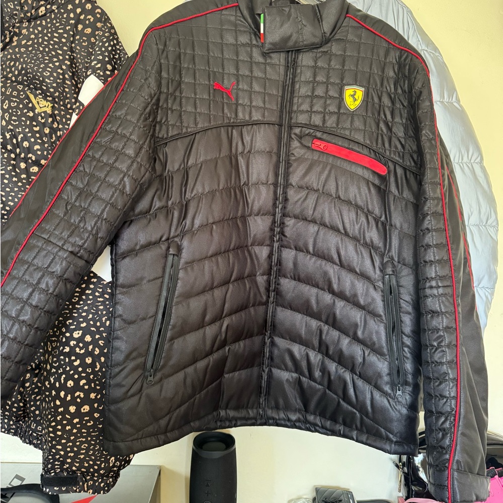Puma Black and Red Puffer Jacket with Quilted Design